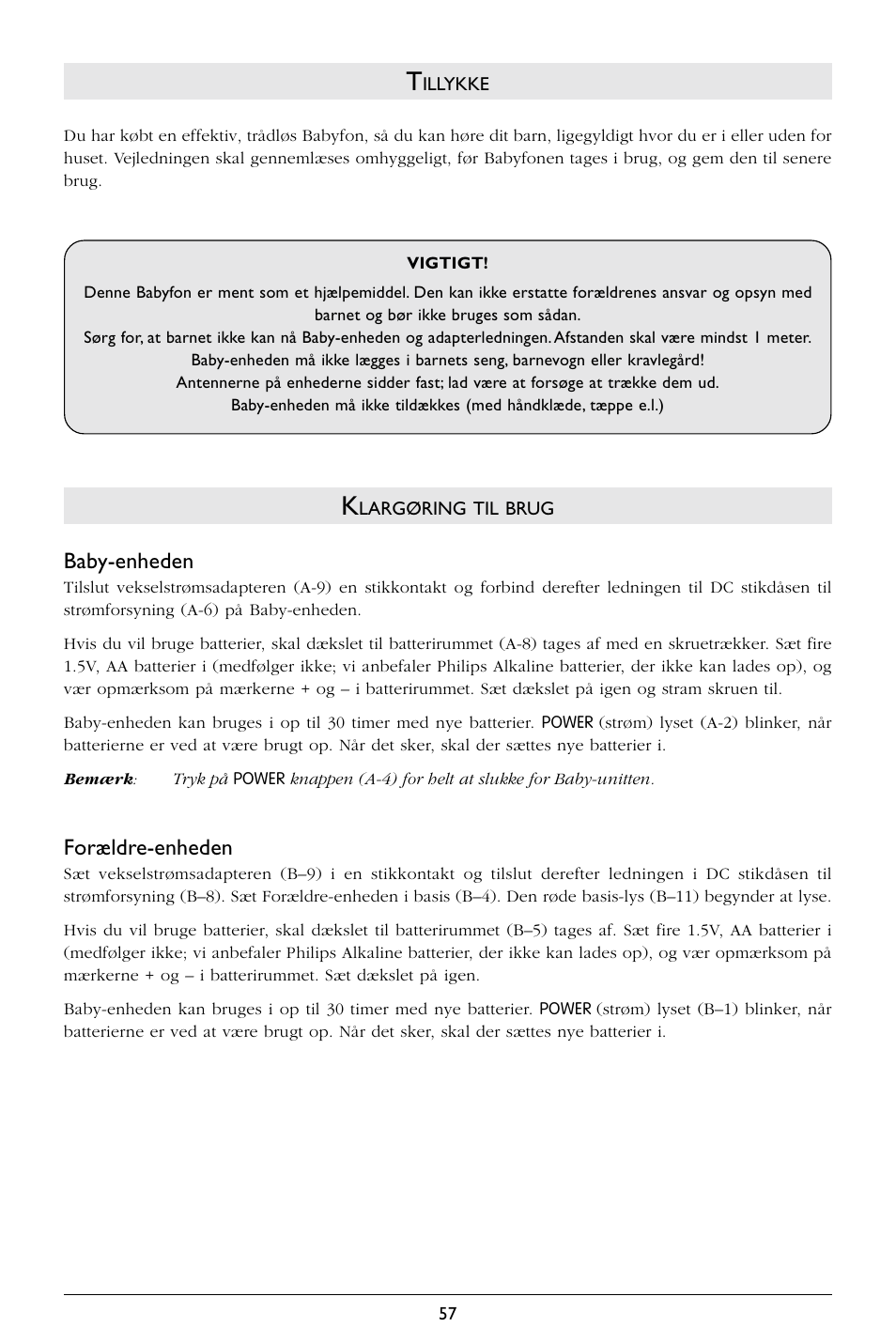 Baby-enheden, Forældre-enheden | Philips SBCSC363 User Manual | Page 58 / 75