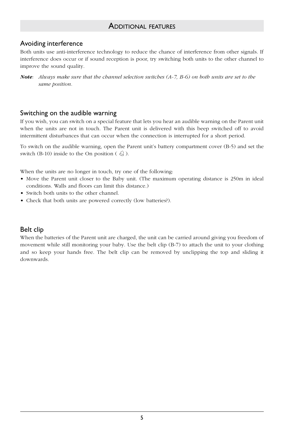 Avoiding interference, Switching on the audible warning, Belt clip | Philips SBCSC363 User Manual | Page 6 / 75