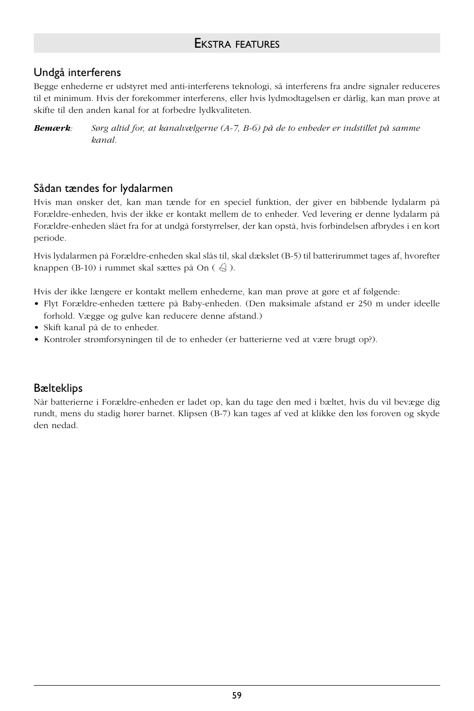 Undgå interferens, Sådan tændes for lydalarmen, Bælteklips | Philips SBCSC363 User Manual | Page 60 / 75