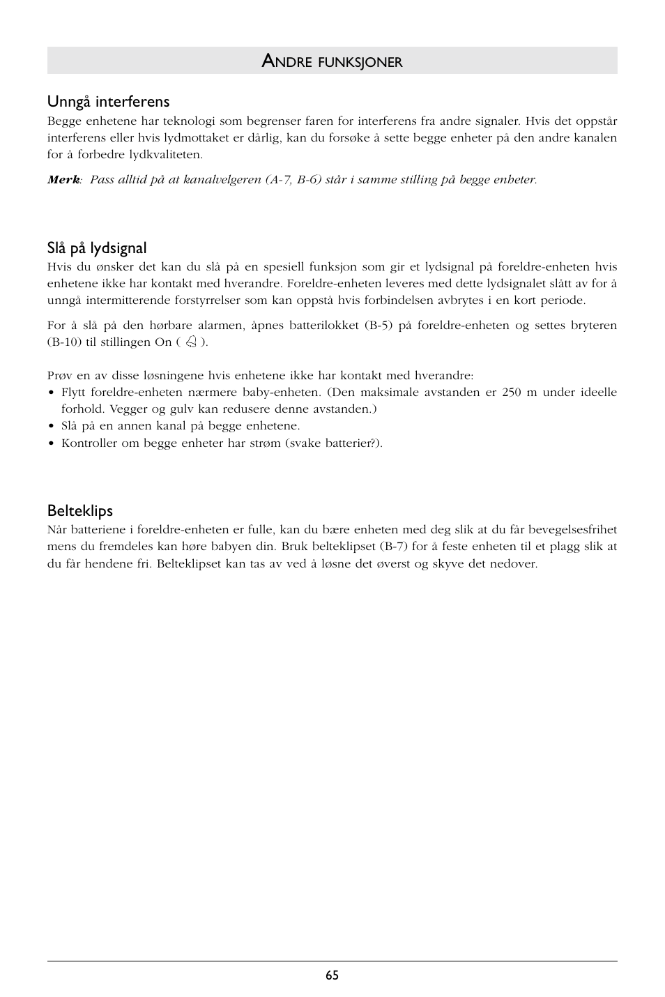 Unngå interferens, Slå på lydsignal, Belteklips | Philips SBCSC363 User Manual | Page 66 / 75