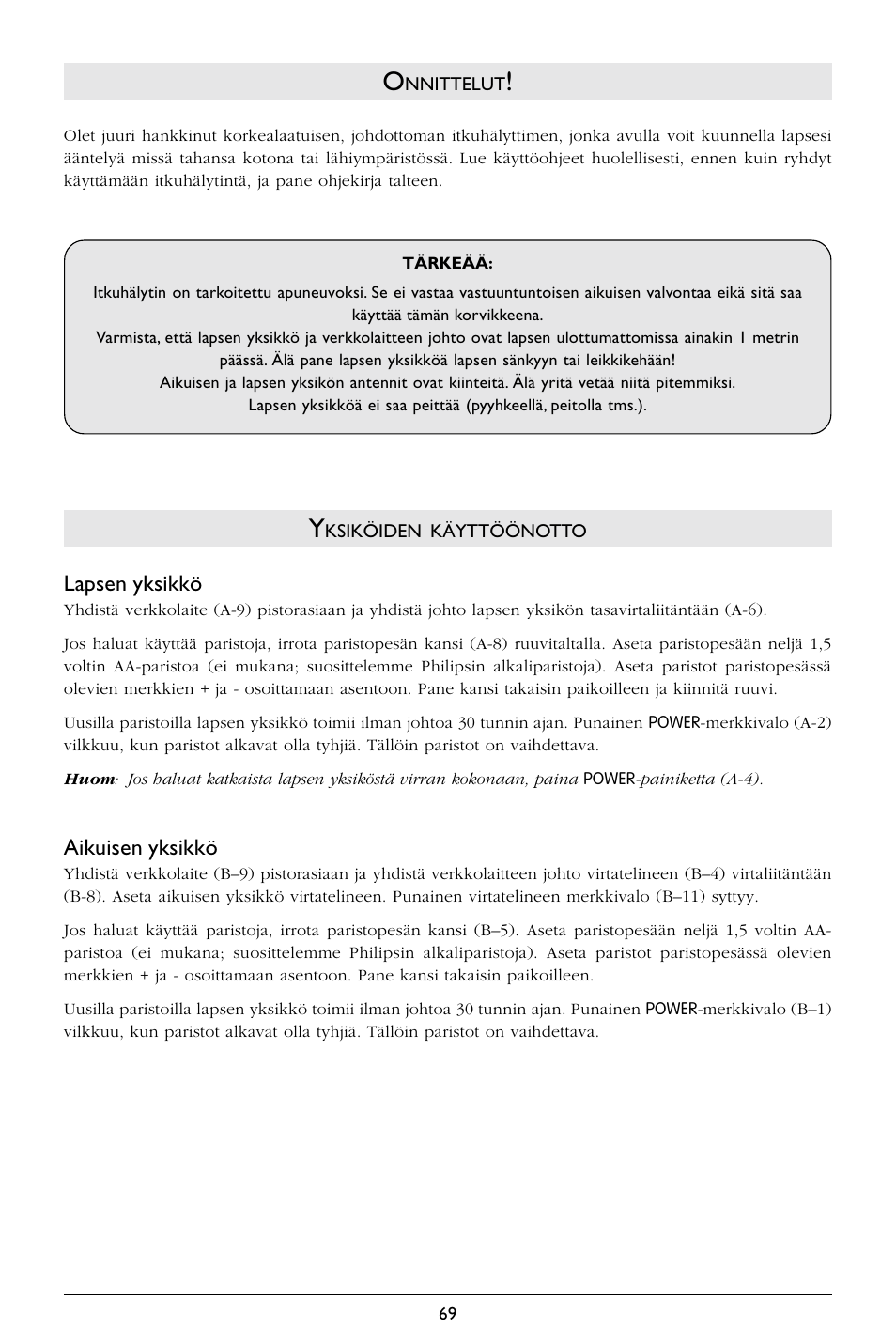 Lapsen yksikkö, Aikuisen yksikkö | Philips SBCSC363 User Manual | Page 70 / 75