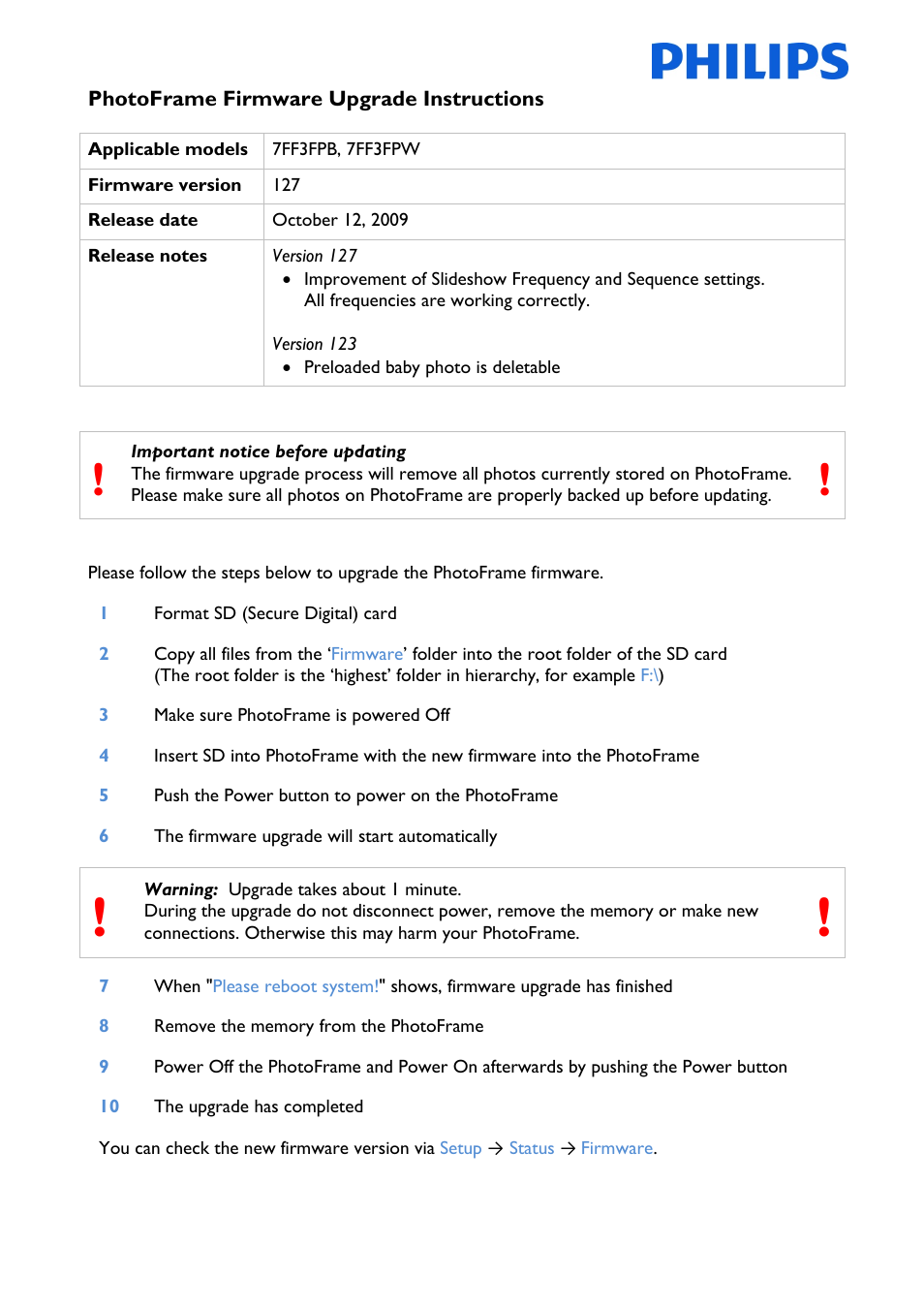Philips 7FF3FPW User Manual | 1 page