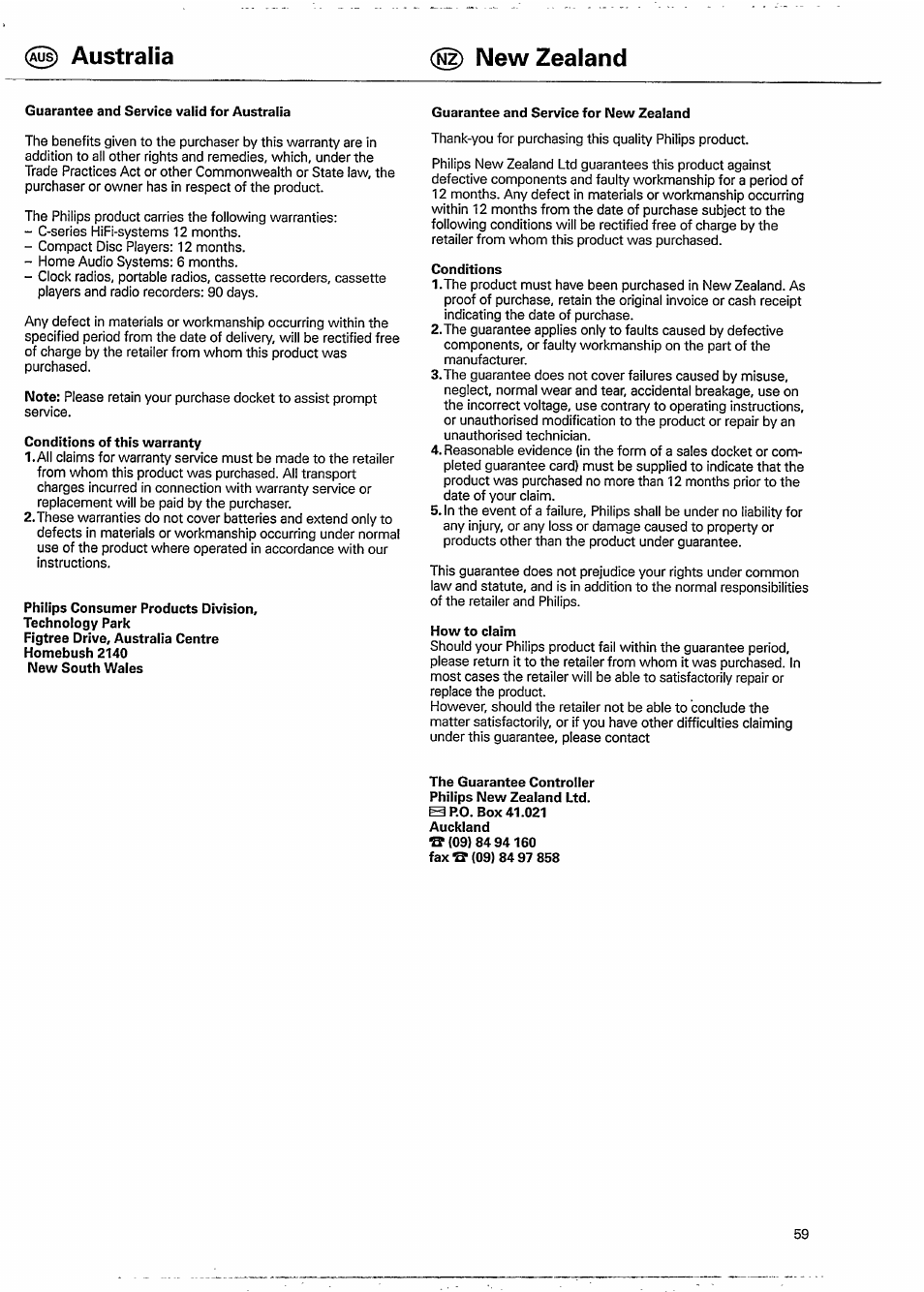 Guarantee and service valid for australia, Conditions of this warranty, Philips consumer products division | Guarantee and service for new zealand, Conditions, How to claim, Australia (nz) new zealand | Philips FC 911 User Manual | Page 11 / 12