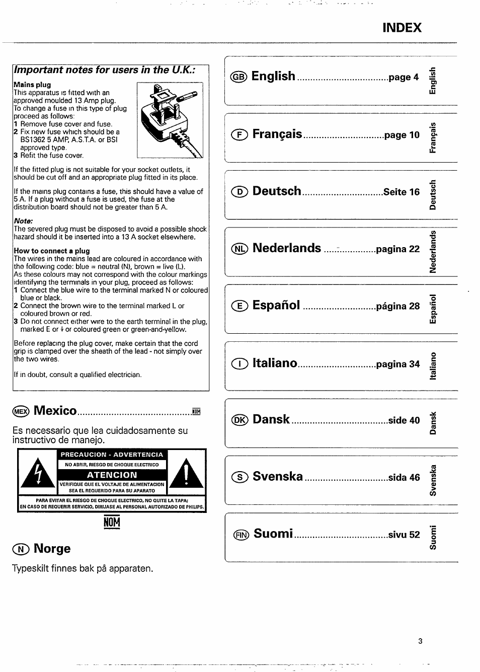 Index, Mains plug, How to connect a plug | Ц) english, Deutsch seitelo, Nederlands, Español, Mexico, Norge, Dansk | Philips FC 911 User Manual | Page 3 / 12