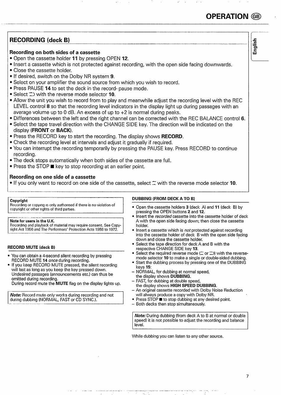 Recording (deck b), Record mute (deck b), Dubbing (from deck a to b) | Operation <i|) | Philips FC 911 User Manual | Page 7 / 12