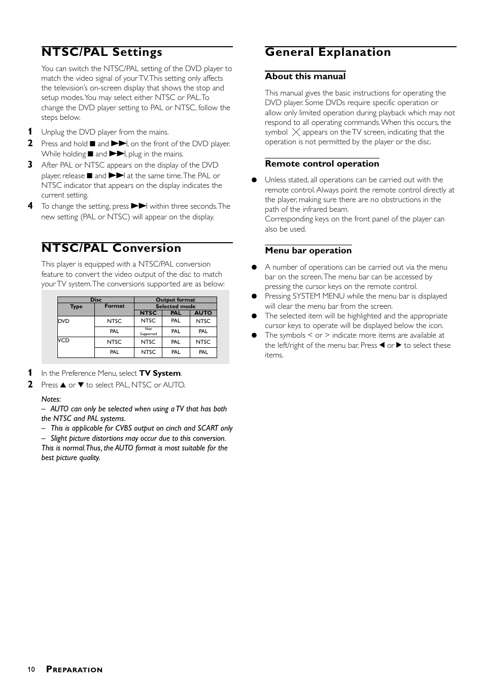 Ntsc/pal settings, Ntsc/pal conversion, General explanation | About this manual, Remote control operation, Menu bar operation | Philips DVD-762/051 User Manual | Page 10 / 23