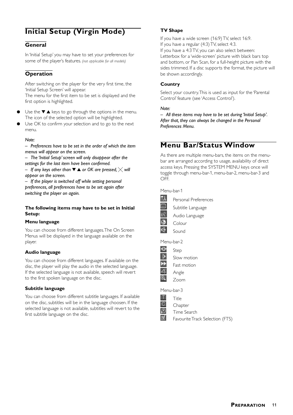 Initial setup (virgin mode), Menu bar/status window | Philips DVD-762/051 User Manual | Page 11 / 23