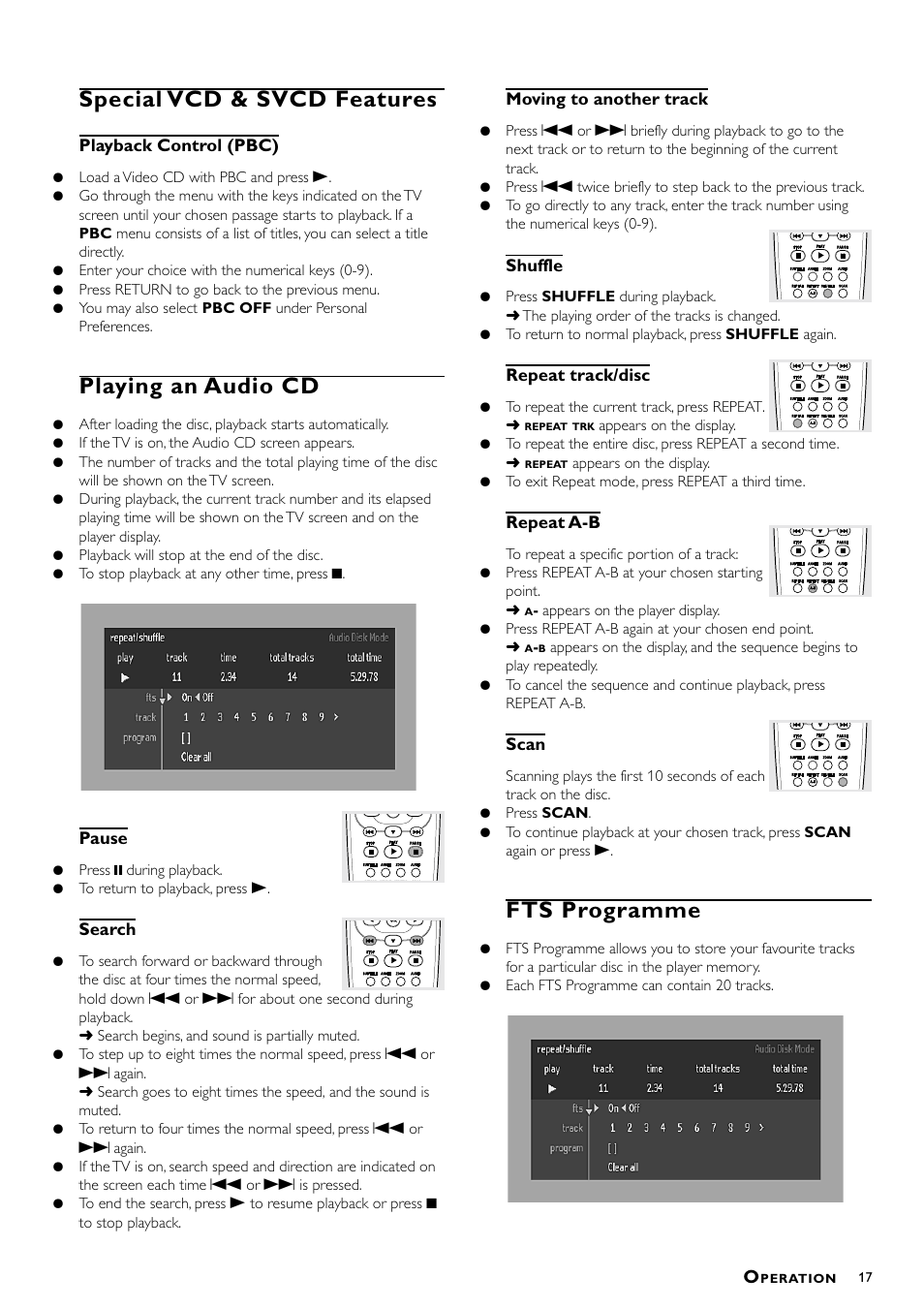 Special vcd & svcd features, Playing an audio cd, Fts programme | Philips DVD-762/051 User Manual | Page 17 / 23