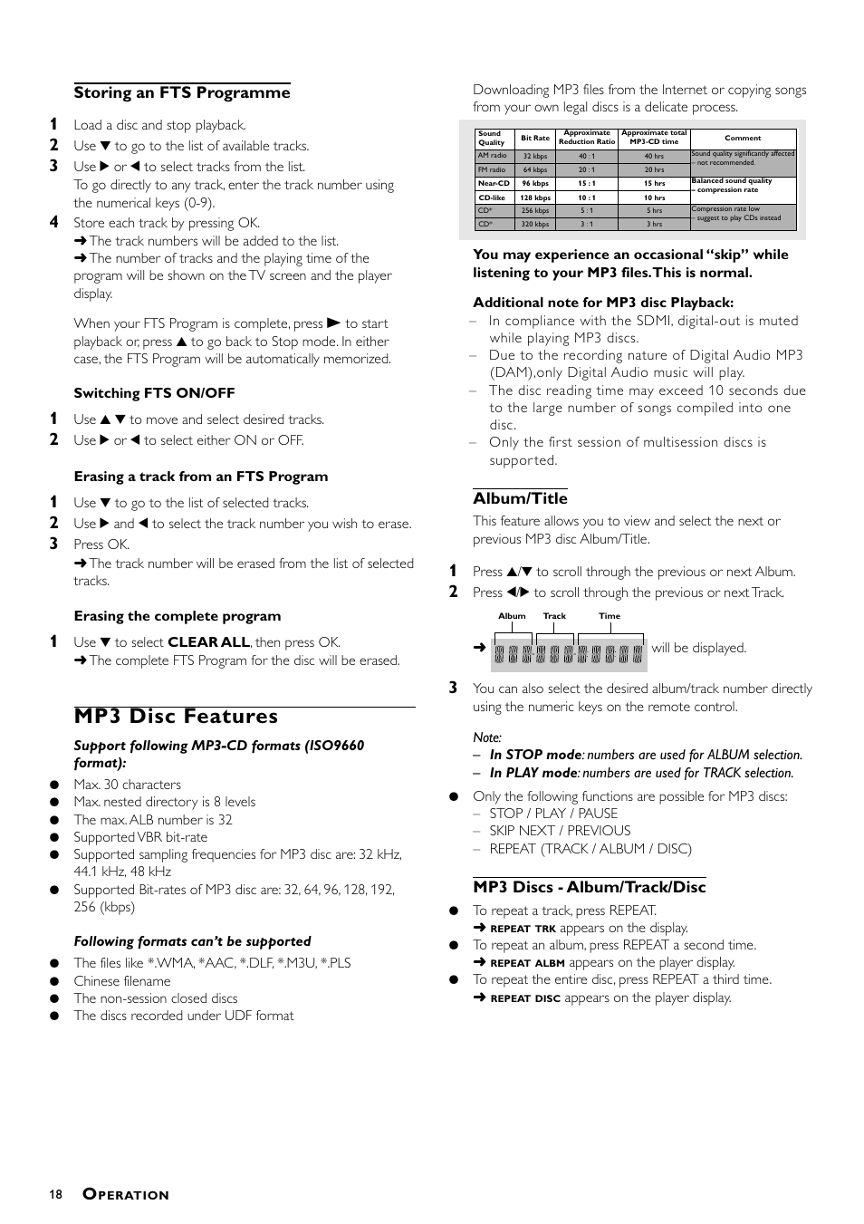 Mp3 disc features, Storing an fts programme, Album/title | Mp3 discs - album/track/disc | Philips DVD-762/051 User Manual | Page 18 / 23