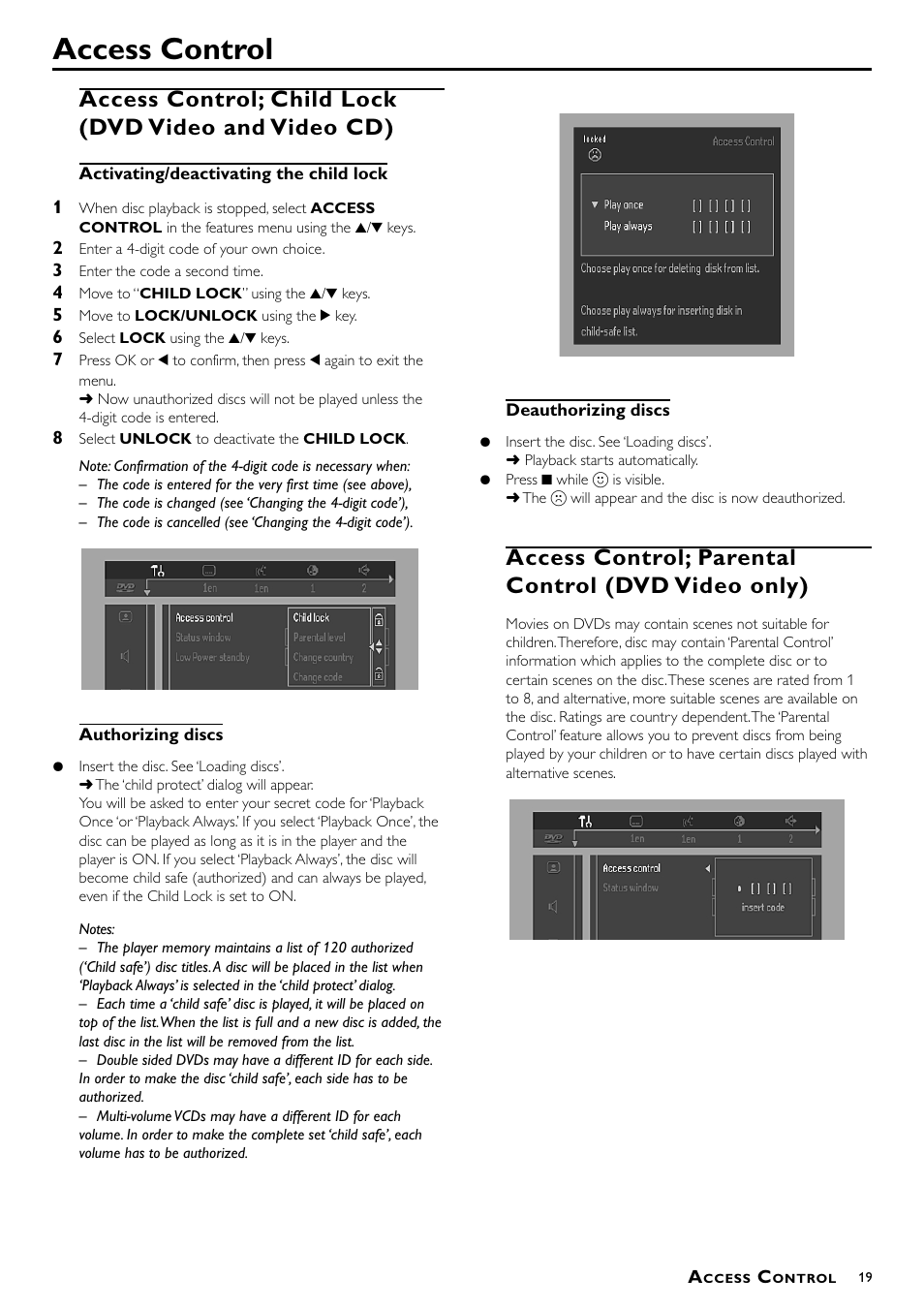 Access control, Access control; parental control (dvd video only) | Philips DVD-762/051 User Manual | Page 19 / 23