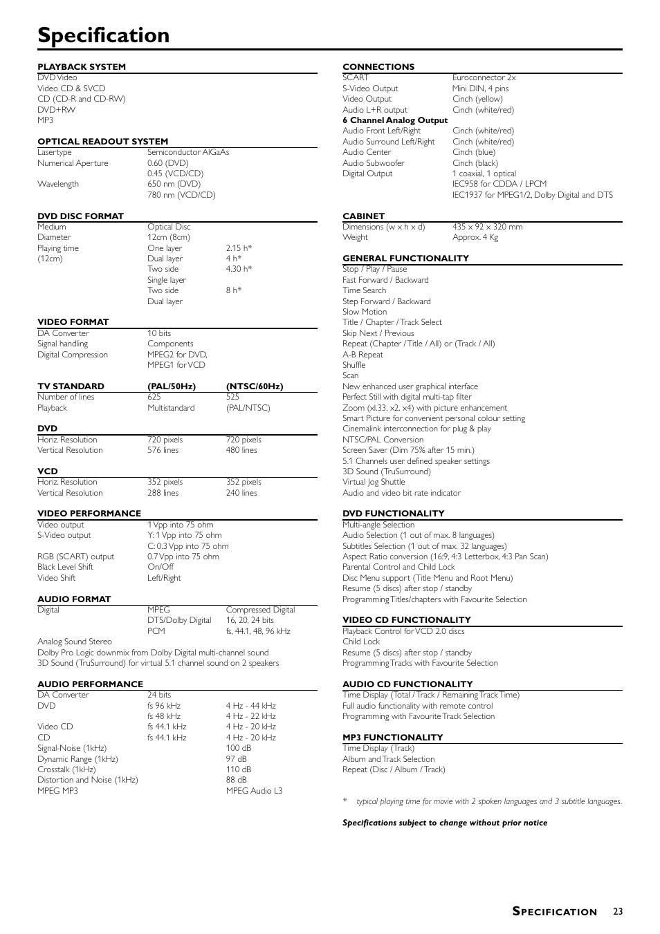 Specification | Philips DVD-762/051 User Manual | Page 23 / 23