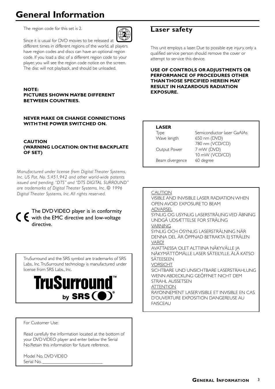 General information, Laser safety | Philips DVD-762/051 User Manual | Page 3 / 23