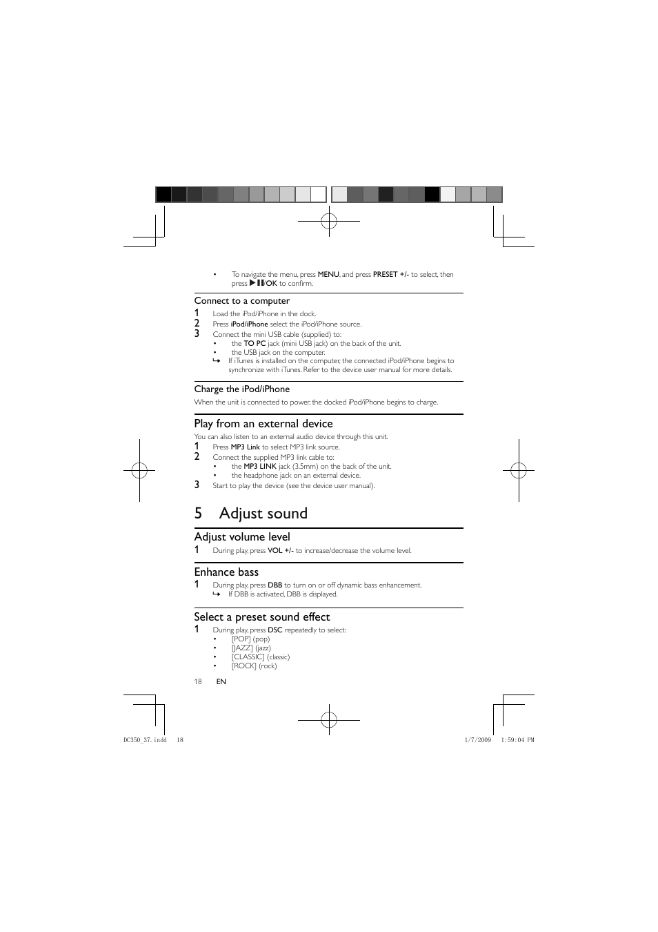 5 adjust sound, Play from an external device, Adjust volume level | Enhance bass, Select a preset sound effect | Philips DC350/37 User Manual | Page 17 / 28