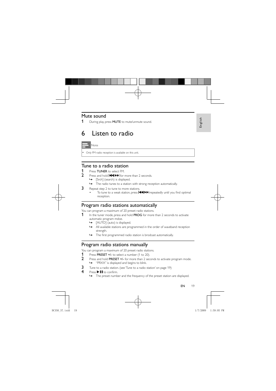 6 listen to radio, Mute sound, Tune to a radio station | Program radio stations automatically, Program radio stations manually | Philips DC350/37 User Manual | Page 18 / 28