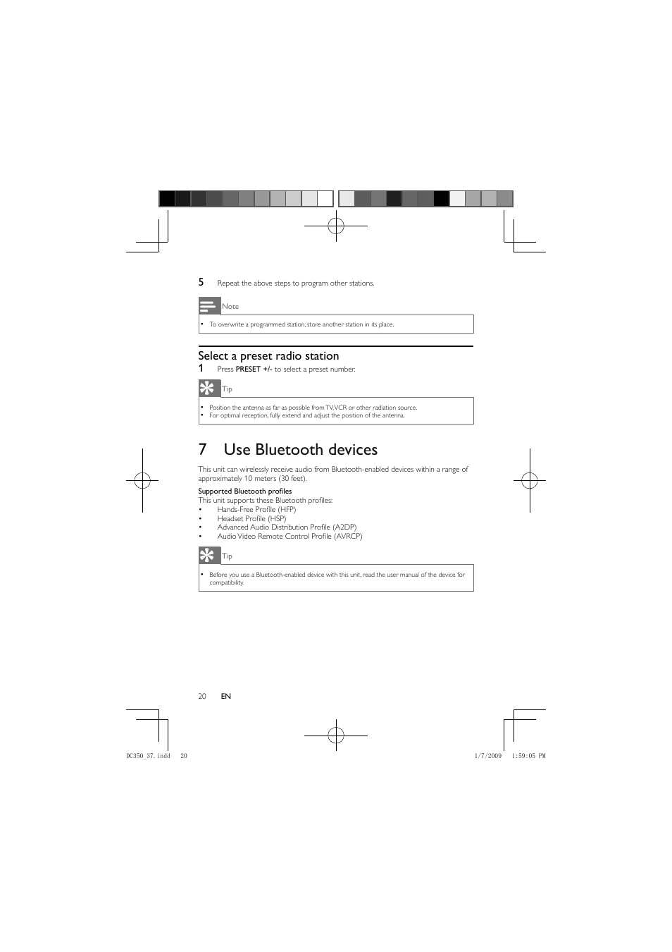 7 use bluetooth devices, Select a preset radio station | Philips DC350/37 User Manual | Page 19 / 28