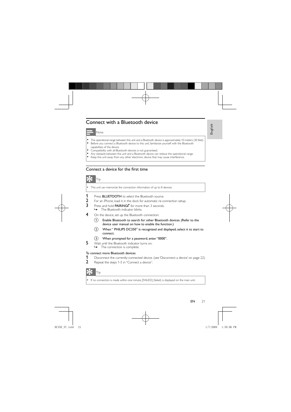 Connect with a bluetooth device | Philips DC350/37 User Manual | Page 20 / 28