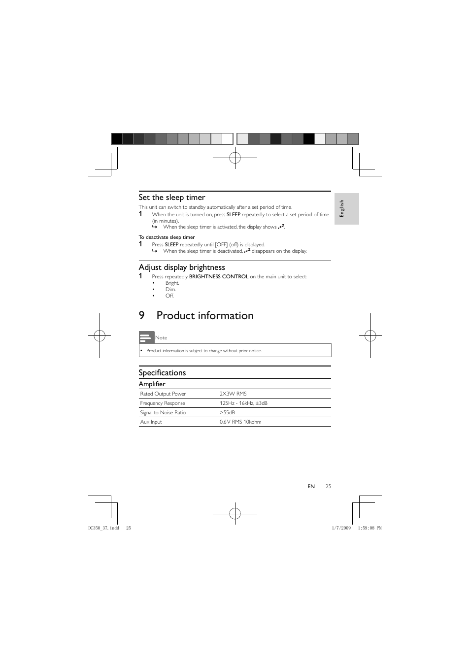 9 product information, Set the sleep timer, Adjust display brightness | Specifi cations | Philips DC350/37 User Manual | Page 24 / 28