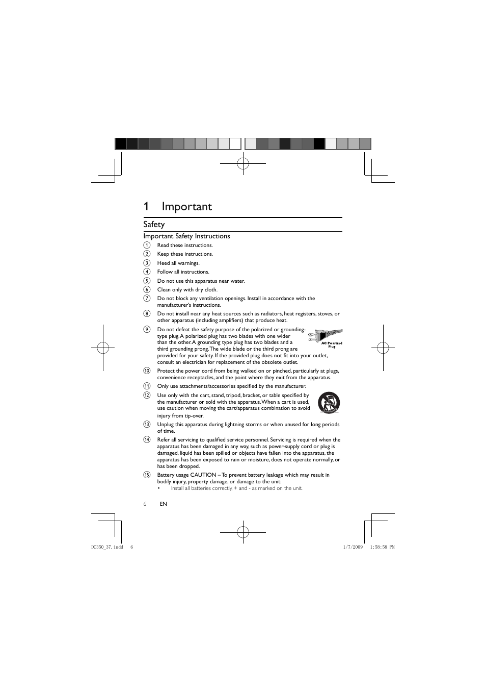 1 important, Safety | Philips DC350/37 User Manual | Page 5 / 28