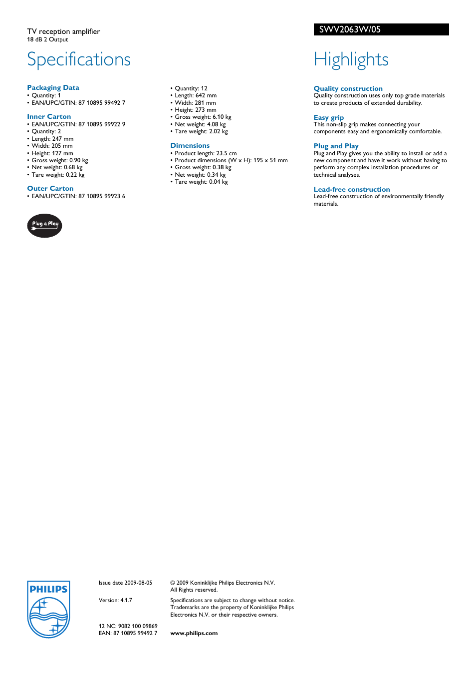 Specifications, Highlights | Philips SWV2063W User Manual | Page 2 / 2