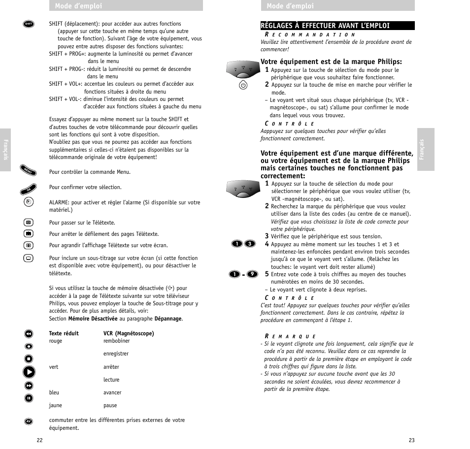 Réglages à effectuer avant l’emploi, Votre équipement est de la marque philips: 1, Mode d’emploi | Philips RU630/00 User Manual | Page 12 / 38