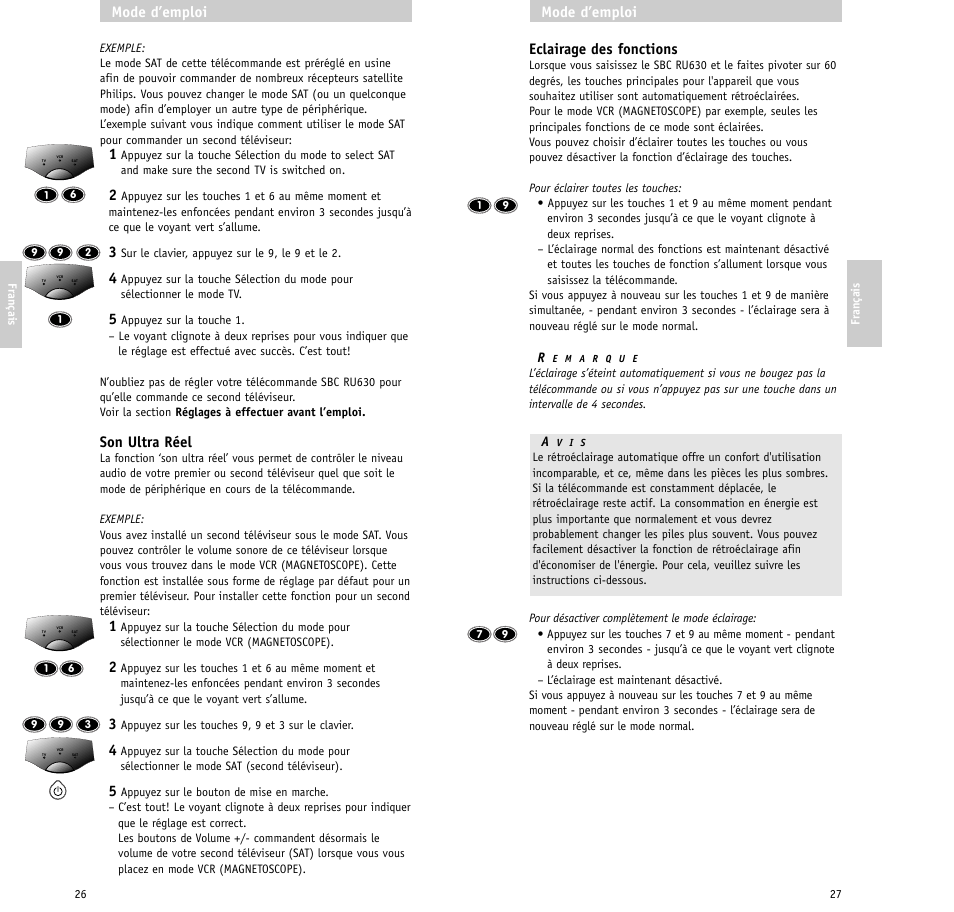 Eclairage des fonctions, Mode d’emploi, Son ultra réel | Philips RU630/00 User Manual | Page 14 / 38