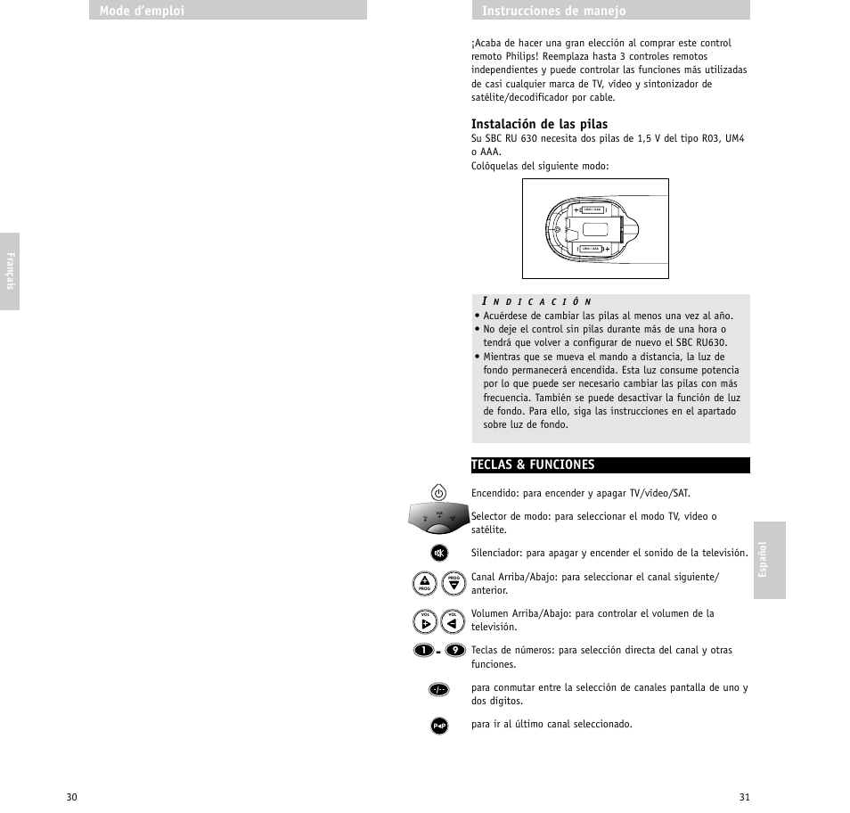 Instalación de las pilas, Teclas & funciones, Instrucciones de manejo | Mode d’emploi | Philips RU630/00 User Manual | Page 16 / 38