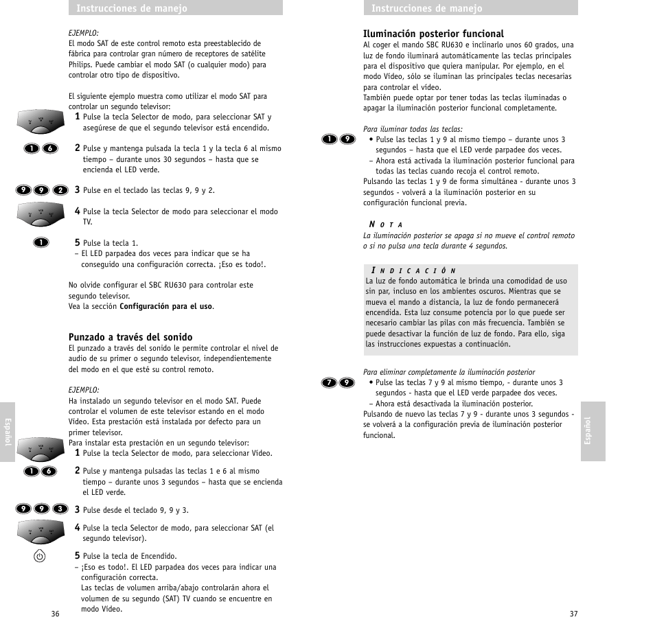 Iluminación posterior funcional, Instrucciones de manejo, Punzado a través del sonido | Philips RU630/00 User Manual | Page 19 / 38