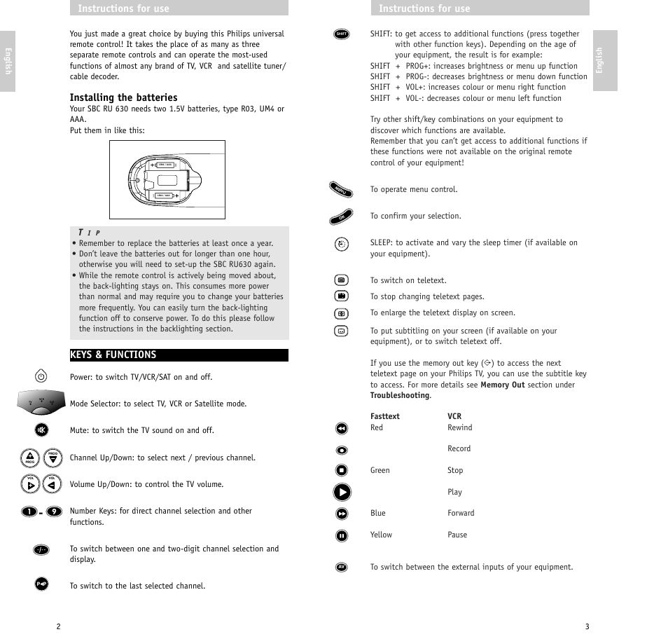 Instructions for use, Installing the batteries, Keys & functions | Philips RU630/00 User Manual | Page 2 / 38