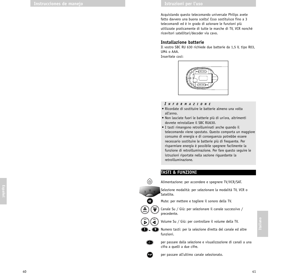 Installazione batterie, Tasti & funzioni, Istruzioni per l’uso | Instrucciones de manejo | Philips RU630/00 User Manual | Page 21 / 38
