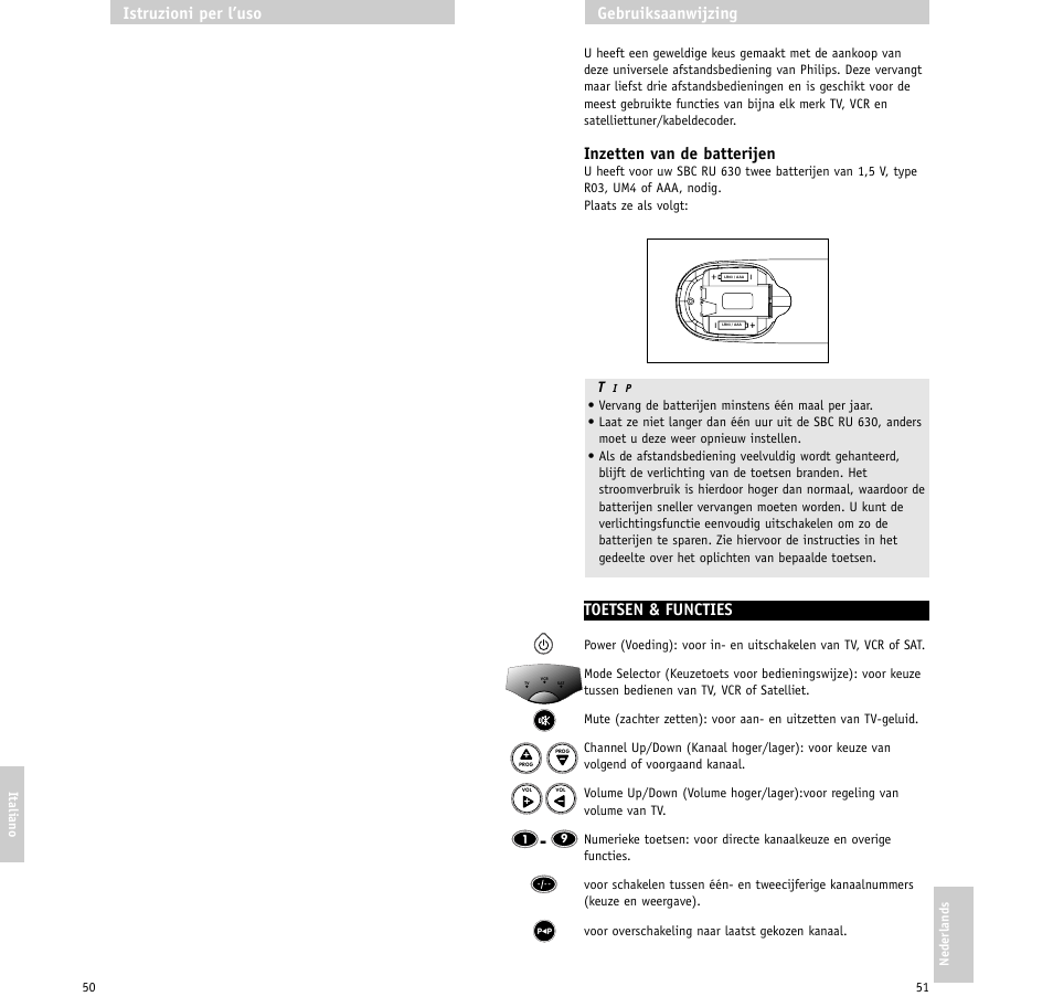 Inzetten van de batterijen, Toetsen & functies, Gebruiksaanwijzing | Istruzioni per l’uso | Philips RU630/00 User Manual | Page 26 / 38