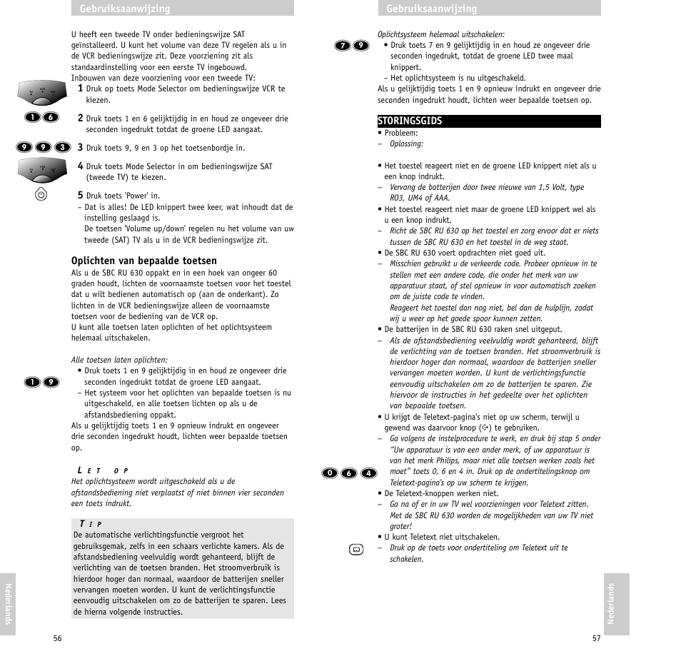 Storingsgids, Gebruiksaanwijzing, Oplichten van bepaalde toetsen | Philips RU630/00 User Manual | Page 29 / 38