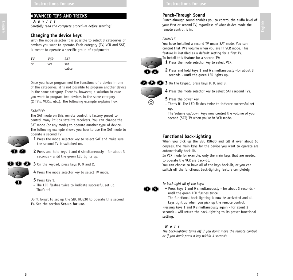 Punch-through sound, Functional back-lighting, Instructions for use | Advanced tips and tricks, Changing the device keys | Philips RU630/00 User Manual | Page 4 / 38