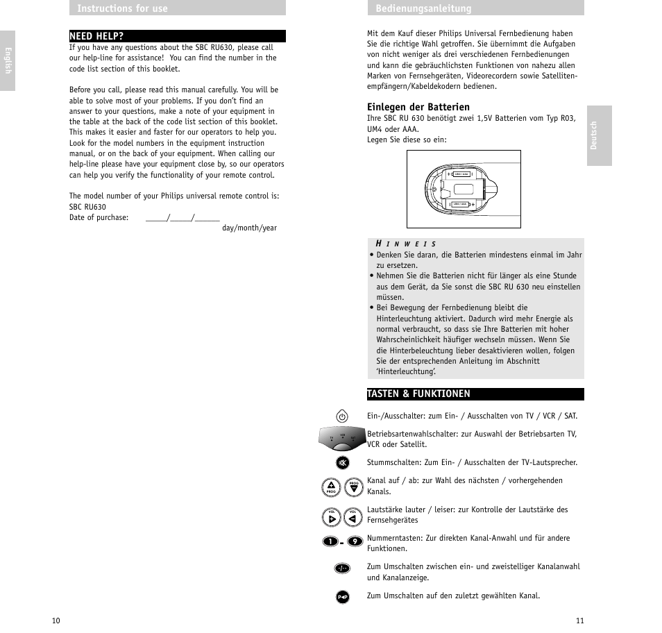 Einlegen der batterien, Tasten & funktionen, Bedienungsanleitung | Need help, Instructions for use | Philips RU630/00 User Manual | Page 6 / 38