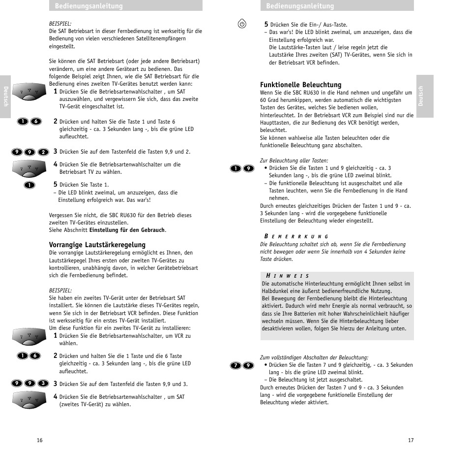 Funktionelle beleuchtung, Bedienungsanleitung, Vorrangige lautstärkeregelung | Philips RU630/00 User Manual | Page 9 / 38