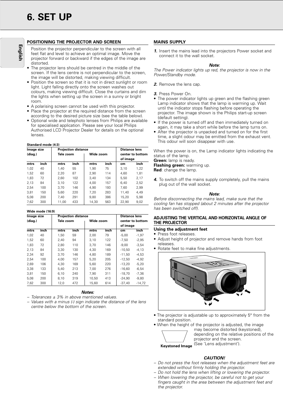 Set up, Positioning the projector and screen, Mains supply | English | Philips PXG10 User Manual | Page 10 / 30