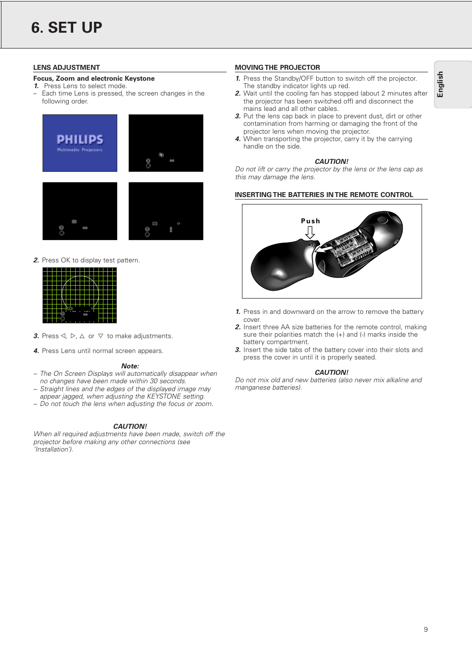 Lens adjustment, Moving the projector, Set up | English | Philips PXG10 User Manual | Page 11 / 30