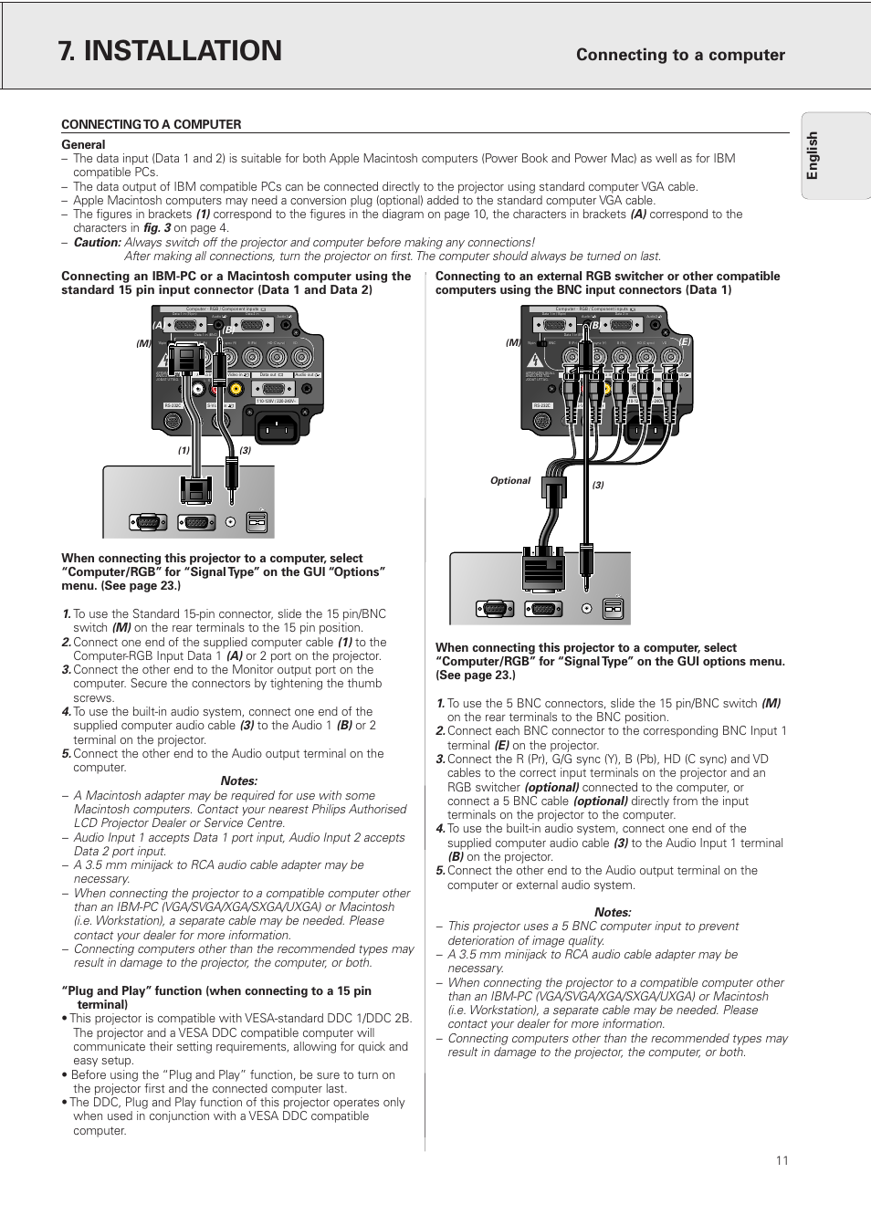 Connecting to a computer, Installation, English | Fig. 3, Optional), Correspond to the characters in, On page 4, On the rear terminals to the 15 pin position, Connect one end of the supplied computer cable, Or 2 port on the projector | Philips PXG10 User Manual | Page 13 / 30