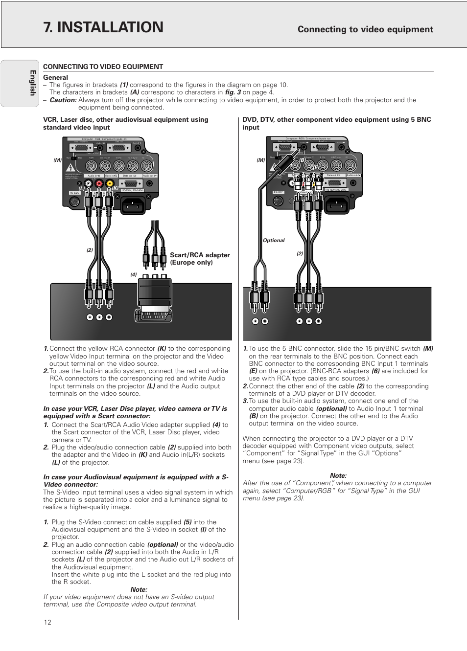 Connecting to video equipment, Installation, English | Optional), Fig. 3, Caution, Connect the yellow rca connector, And the audio output terminals on the video source, Connect the scart/rca audio video adapter supplied, Plug the video/audio connection cable | Philips PXG10 User Manual | Page 14 / 30