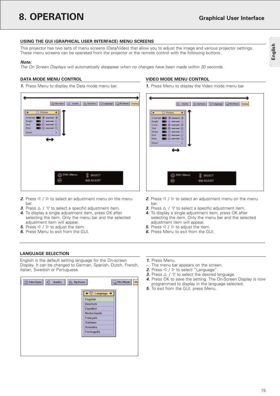 Data mode menu control, Video mode menu control, Language selection | Operation, Graphical user interface | Philips PXG10 User Manual | Page 17 / 30