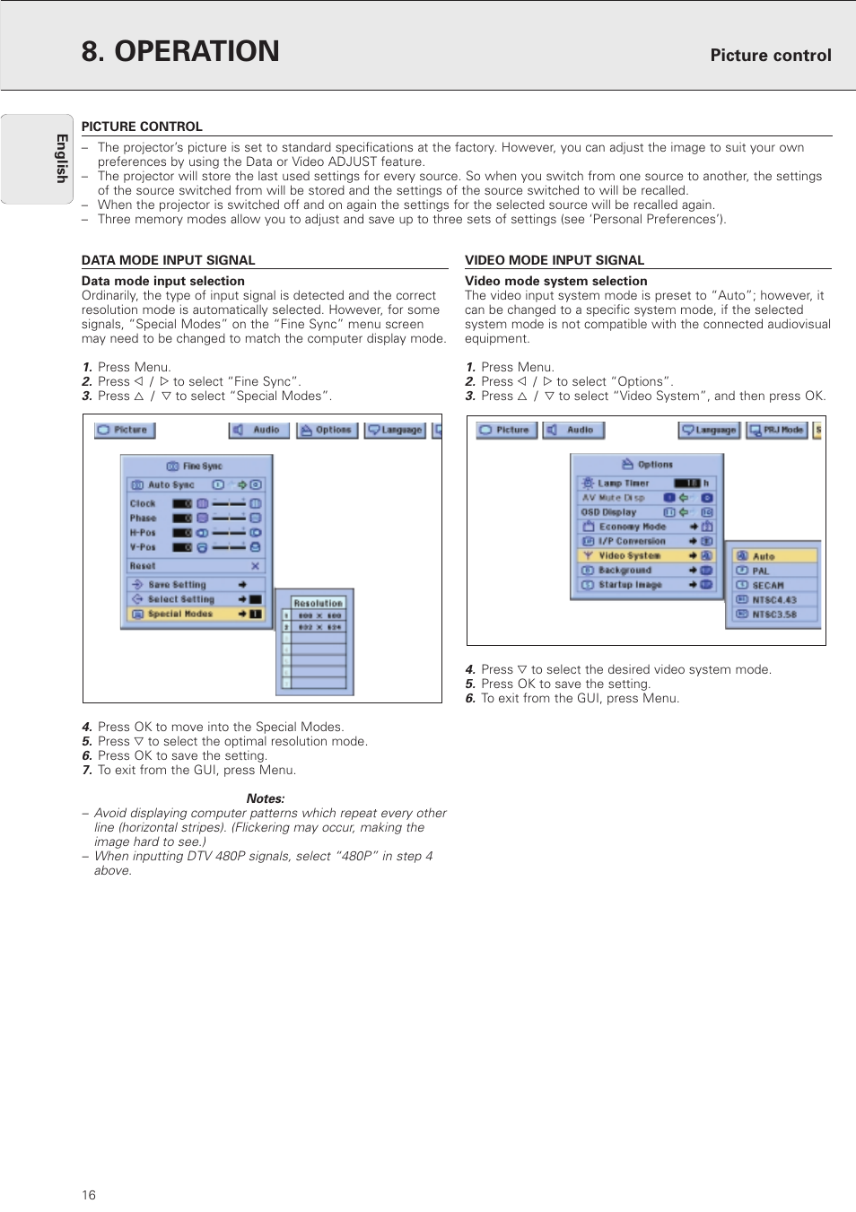 Picture control, Data mode input signal, Video mode input signal | Operation | Philips PXG10 User Manual | Page 18 / 30