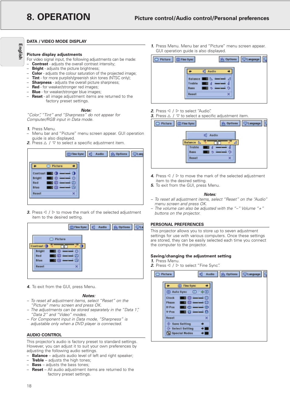 Data / video mode display, Audio control, Personal preferences | Operation, Picture control/audio control/personal preferences | Philips PXG10 User Manual | Page 20 / 30