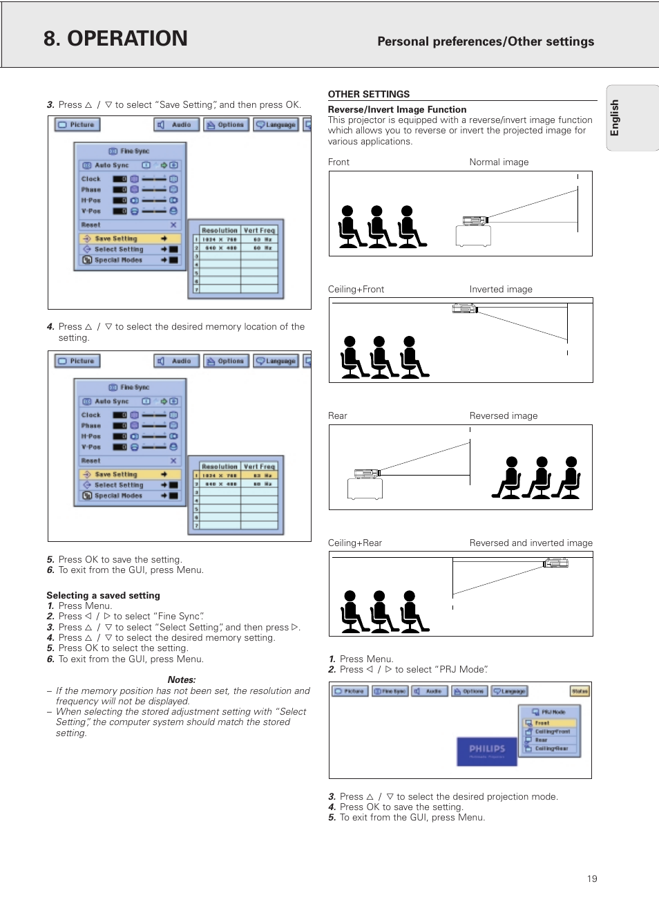 Other settings, Operation, Personal preferences/other settings | Philips PXG10 User Manual | Page 21 / 30