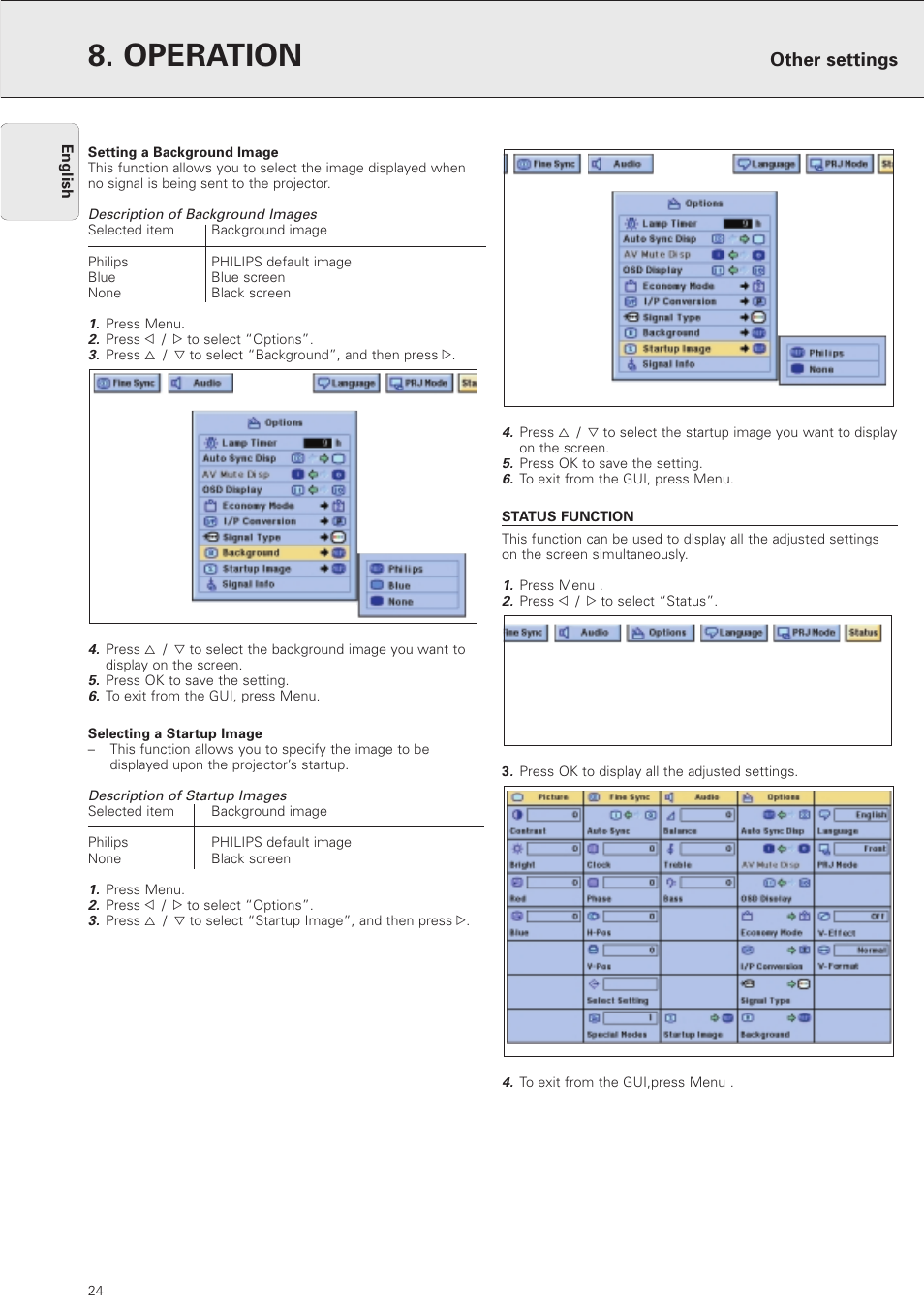 Status function, Operation, Other settings | Philips PXG10 User Manual | Page 26 / 30