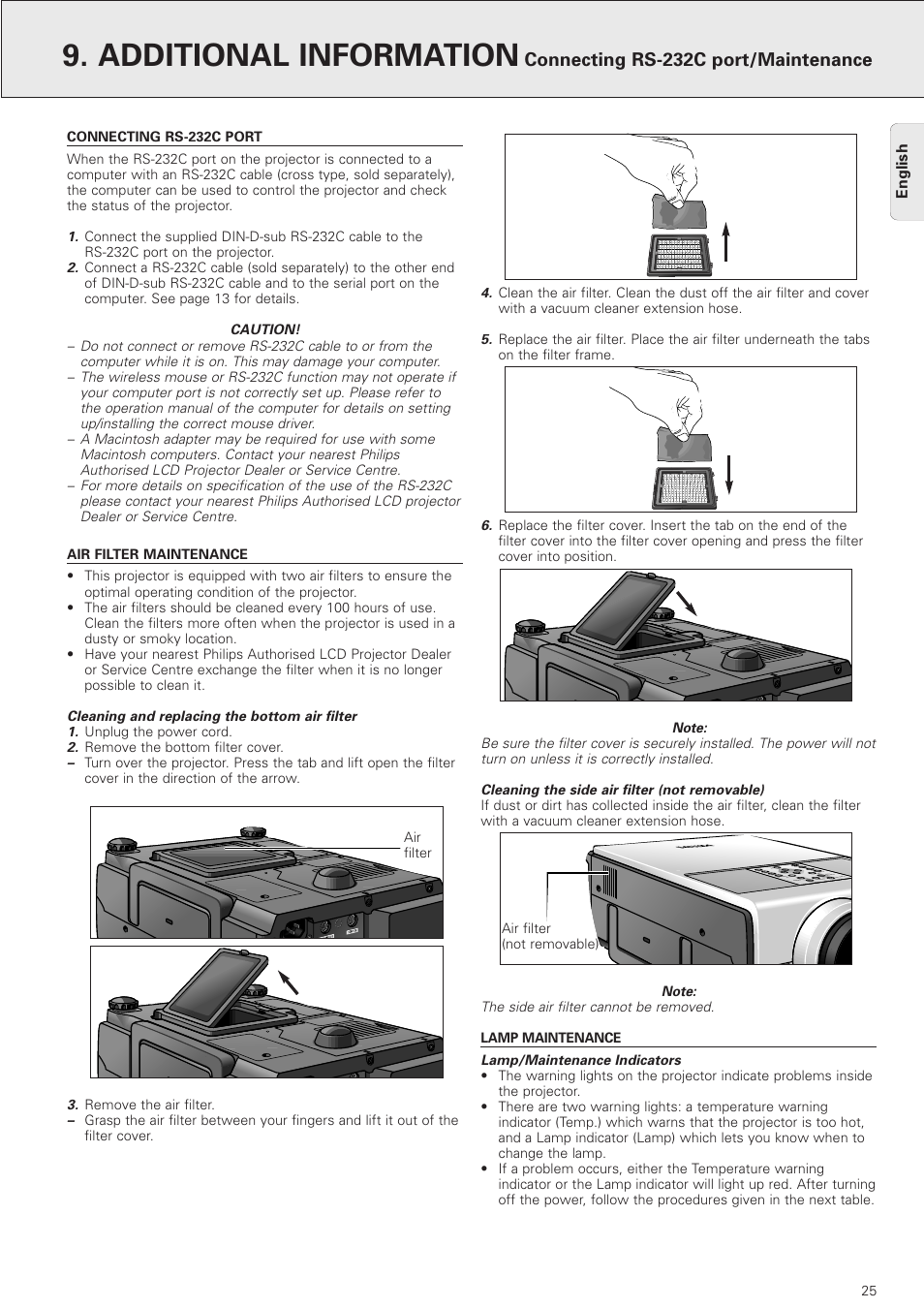 Additional information, Connecting rs-232c port, Air filter maintenance | Lamp maintenance, Connecting rs-232c port/maintenance | Philips PXG10 User Manual | Page 27 / 30