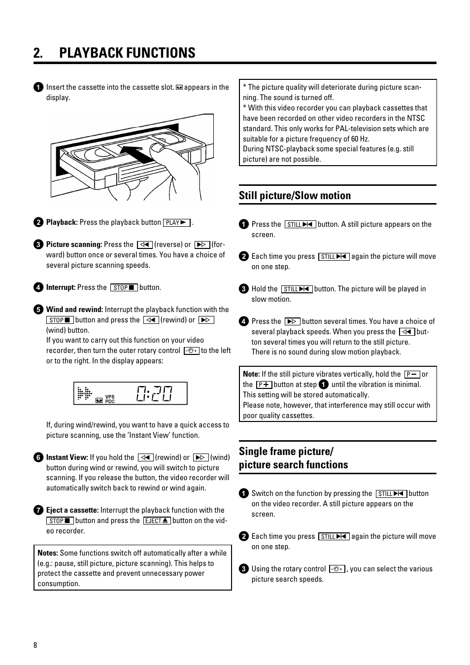 Playback functions, Still picture/slow motion, Single frame picture/ picture search functions | Philips 686 User Manual | Page 10 / 20