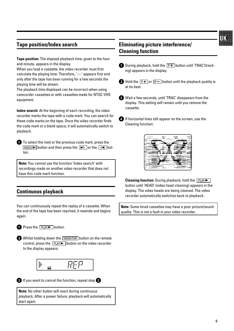 Tape position/index search, Continuous playback | Philips 686 User Manual | Page 11 / 20