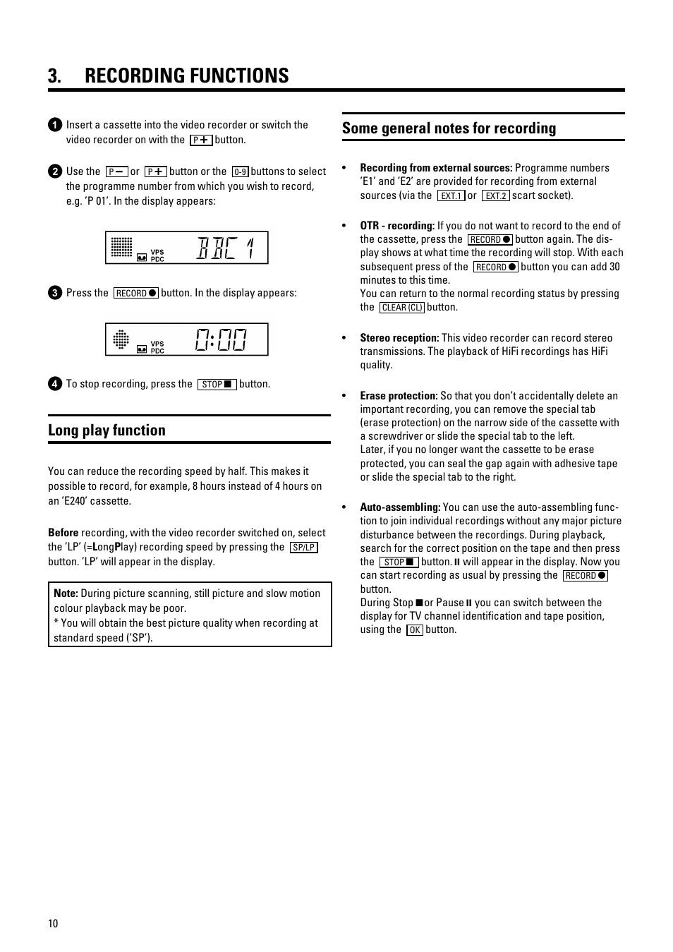 Bbc1, Recording functions, Long play function | Philips 686 User Manual | Page 12 / 20