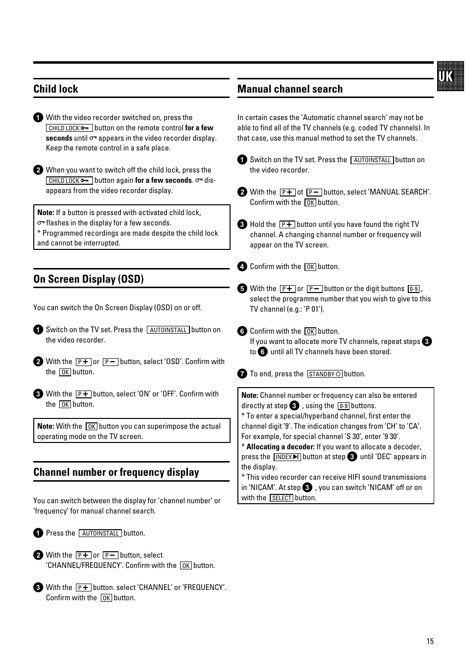 Child lock, On screen display (osd), Channel number or frequency display | Manual channel search | Philips 686 User Manual | Page 17 / 20