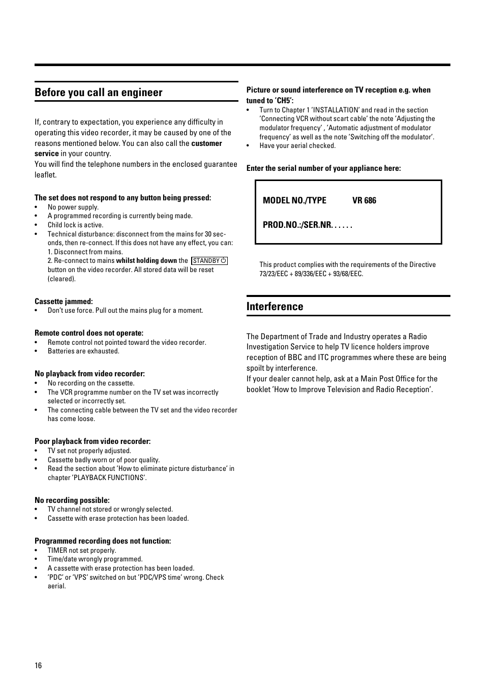 Before you call an engineer, Interference | Philips 686 User Manual | Page 18 / 20