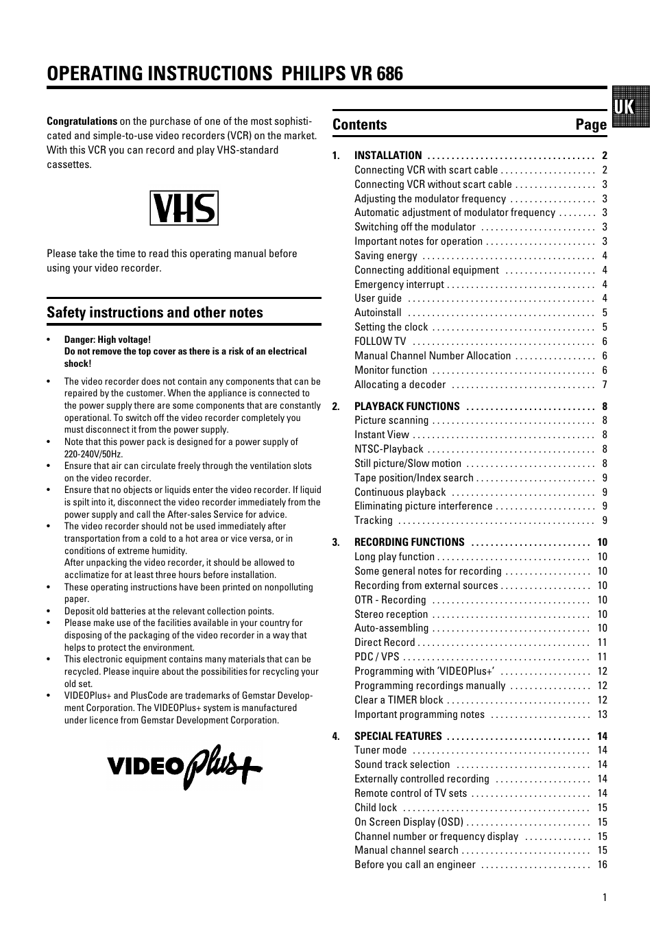 Operating instructions philips vr 686, Contents page | Philips 686 User Manual | Page 3 / 20